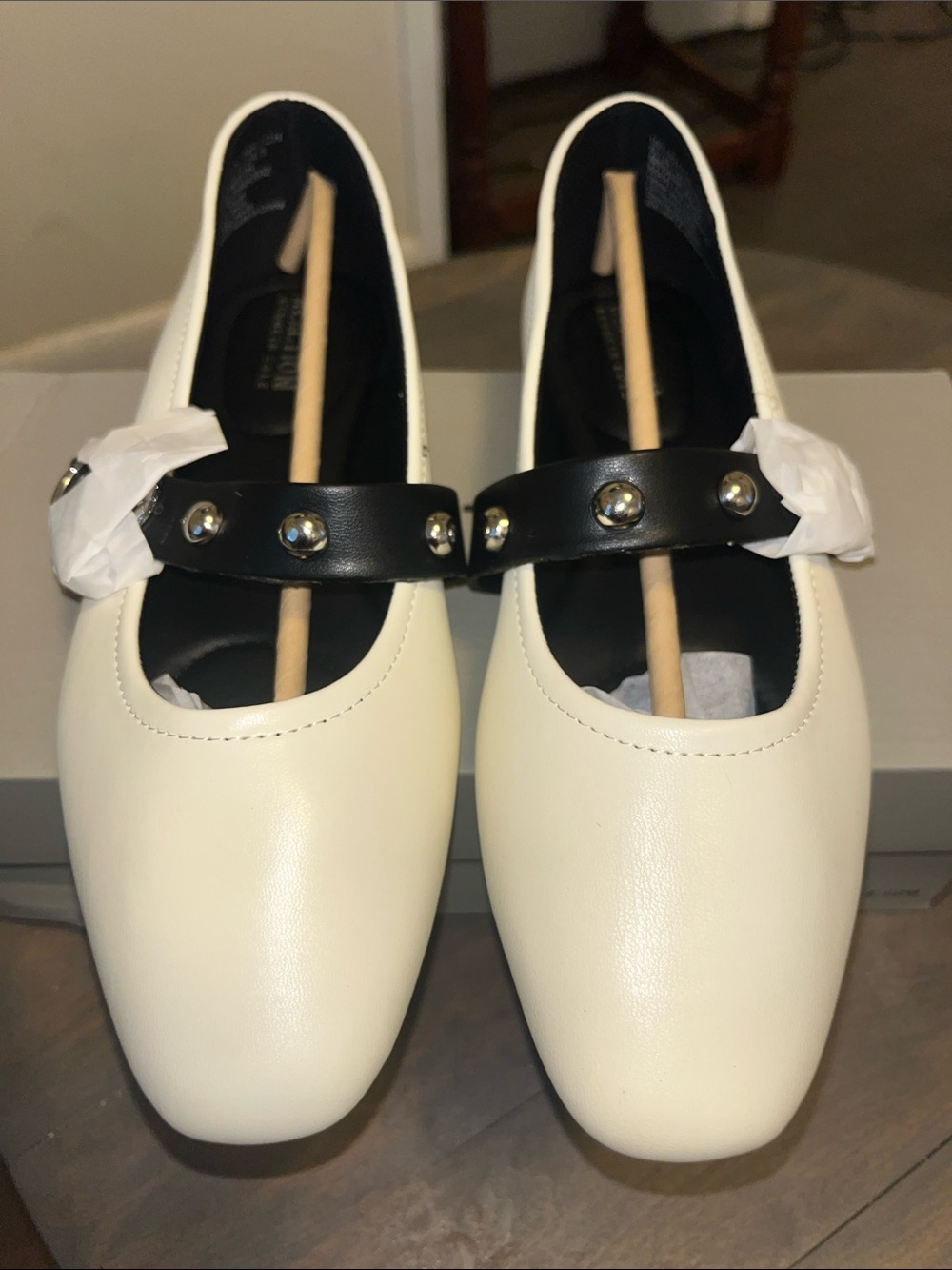 Kenneth Cole Reaction Cream Mary Jane Flats with Black Studded Strap